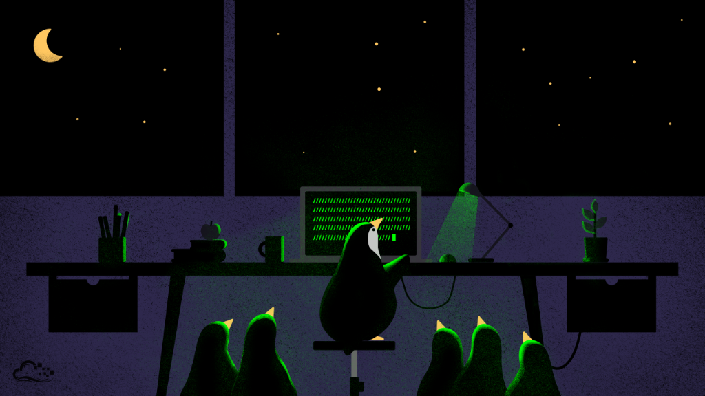 Linux penguin coding at night